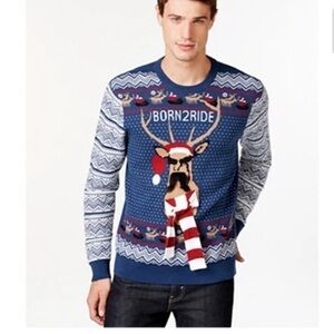 New American Rag Ugly Christmas Sweater Born 2 Ride Blue Red Deer Size Medium